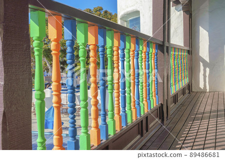 Railings of a deck with colorful baluster at San Clemente, California 89486681
