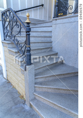 Concrete stairs with wrought iron railings at San Francisco, California 89486979