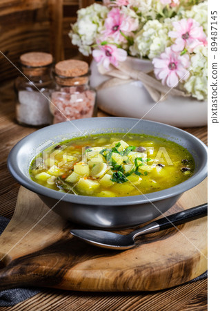 Barley soup with vegetables and chicken. Barley soup with vegetables and chicken. 89487145