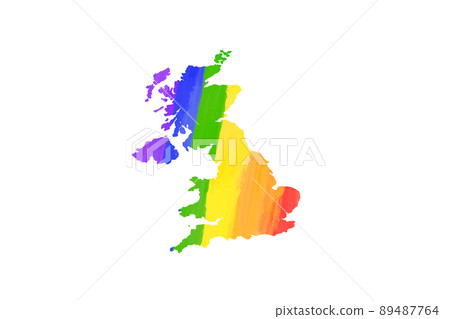 Detailed United Kingdom country silhouette map in LGBT PRIDE rainbow colours on white 89487764