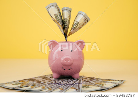Dollar savings in the piggy bank on yellow background Dollar savings in the piggy bank on yellow background 89488787