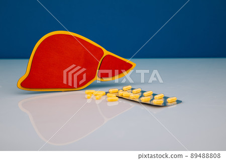 Health care concept. Red model of liver with medicines 89488808