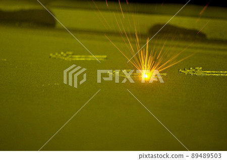 3D printer printing three-dimensional object from metal powder. Selective laser melting. Laser sintering machine for metal. Additive manufacturing metal 3D printer creating 3D model. Metalworking 89489503