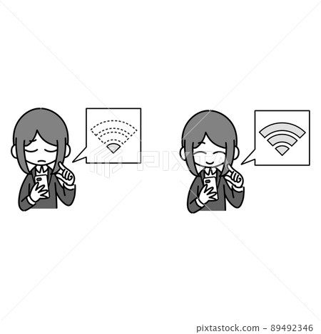 女運營商(單色套裝)檢查智能手機的 WiFi 信號狀態 女運營商(單色套裝)檢查智能手機的 WiFi 信號狀態 89492346
