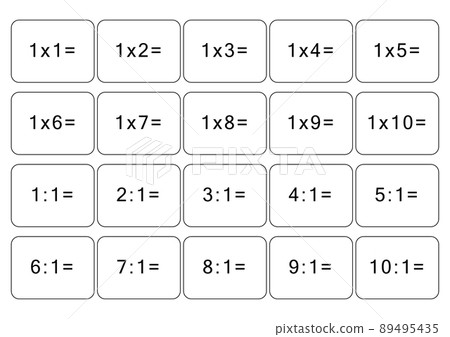 Multiplication and division table of 1. Maths card with an example, drawing. Multiplication Square, vector illustration. Printed product, banner, table for children, schoolchildren. School education 89495435