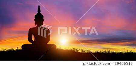 Silhouette of Buddha mediating in the twilight with sunrise background. Magha Puja, Asanha Puja, and Visakha Puja Day. Buddhist holiday Concept. 89496515