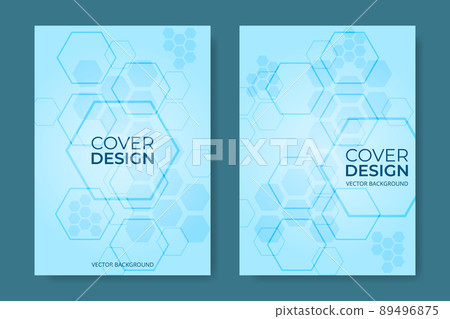 Vector cover design. Blue hexagonal medical brochure in A4 size flyer design. Vertical orientation front page of A4 format. Cover design template. 89496875