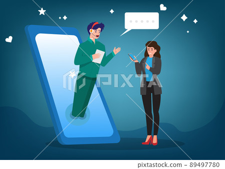 A male worker wearing a headset is talking and solving problems with a customer from a call center. 89497780