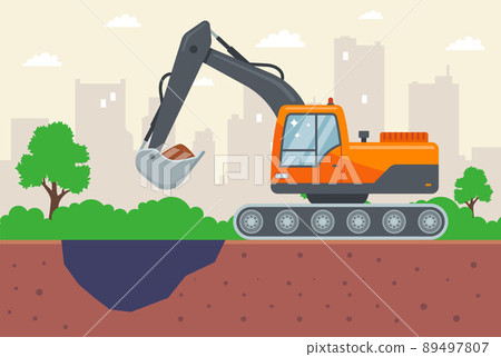 yellow excavator digs the ground at the construction site. 89497807