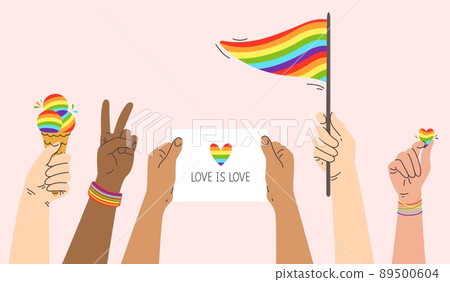 Pride hands. LGBT parade, people hold in hand rainbow flag, poster and heart symbol. Pride month celebration vector illustration Pride hands. LGBT parade, people hold in hand rainbow flag, poster and heart symbol. Pride month celebration vector illustration 89500604