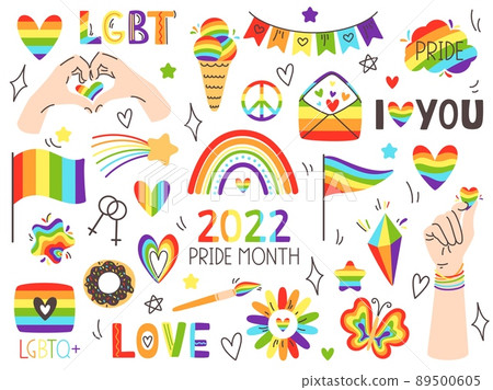 Pride LGBT symbols. Pride month, love signs and rainbow flags. LGBTQ plus community festival icons vector set 89500605