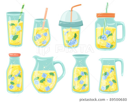 Cold lemonade. Fresh drinks, homemade lemonade in bottle, jug and glass with lemon slices and ice cubes vector illustration set Cold lemonade. Fresh drinks, homemade lemonade in bottle, jug and glass with lemon slices and ice cubes vector illustration set 89500680