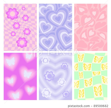 Y2k backgrounds. Groove backdrop with flowers, butterflies and hearts. Psychedelic wavy mesh grid and 90s wallpapers vector set Y2k backgrounds. Groove backdrop with flowers, butterflies and hearts. Psychedelic wavy mesh grid and 90s wallpapers vector set 89500682