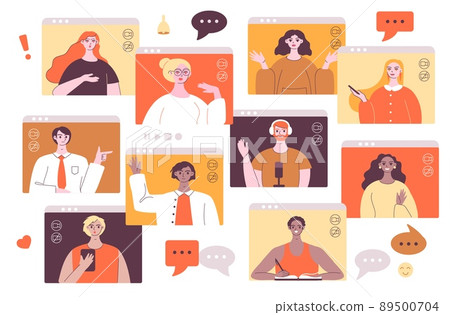 Video conference meeting. Remote team virtual discussion via video chat, smiling man and women work remotely from home. Web communication vector illustration 89500704