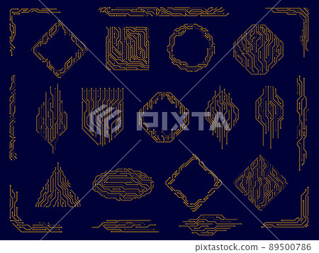 Circuit board. Digital technology dividers, energy line corners and tech frame borders vector set 89500786