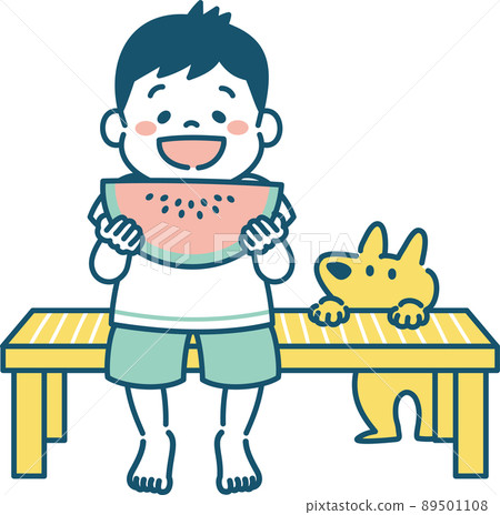 一個孩子吃西瓜男孩的插圖 89501108