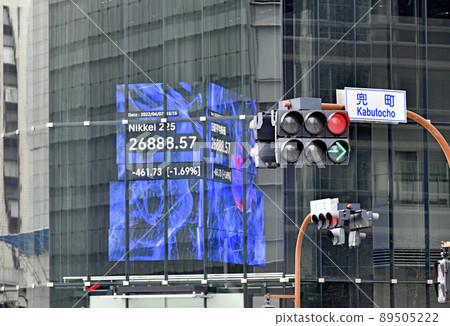 View of Tokyo cityscape of Japan, "KABUTO ONE", stock price board, etc. from the intersection of Kayabacho station square and Kabutocho 89505222
