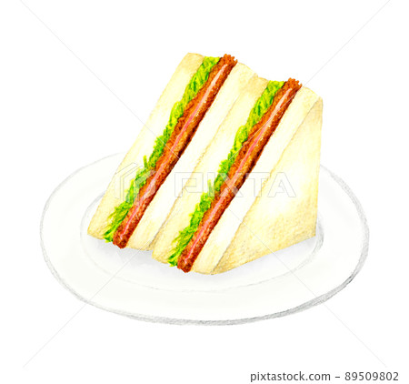 一套 2 個三明治，盤子上有火腿片和捲心菜。用於食品和咖啡館菜單的手繪水彩插圖材料。 89509802