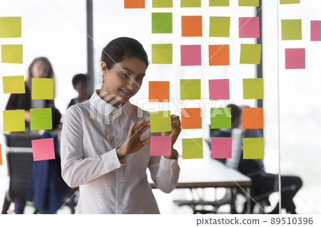 Successful busy young Indian employee preparing presentation on glass board Successful busy young Indian employee preparing presentation on glass board 89510396
