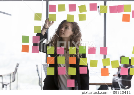 Focused young office employee working on project, using glass board 89510411