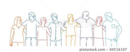 Friends or coworkers are standing, hugging, look at each other. 89516197