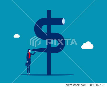 Businessman look into dollar sign telescope to see future. Investment opportunity discovery and financial vision Businessman look into dollar sign telescope to see future. Investment opportunity discovery and financial vision 89516738