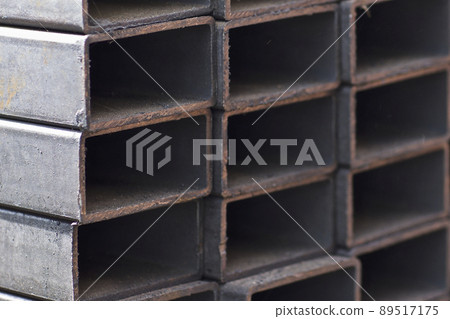 Metal profile pipe of rectangular cross section in packs at the warehouse of metal products 89517175