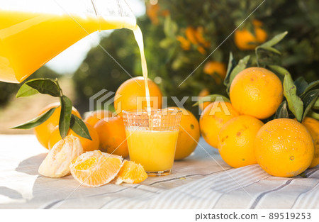 fresh orange juice pouring from jug into glass on table in garden fresh orange juice pouring from jug into glass on table in garden 89519253