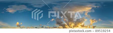 Dramatic sunset sky panorama with Cumulus clouds. Seamless hdr 360 pano in spherical equirectangular format. Complete zenith for 3D visualization, game and sky replacement for aerial drone panoramas Dramatic sunset sky panorama with Cumulus clouds. Seamless hdr 360 pano in spherical equirectangular format. Complete zenith for 3D visualization, game and sky replacement for aerial drone panoramas 89519254