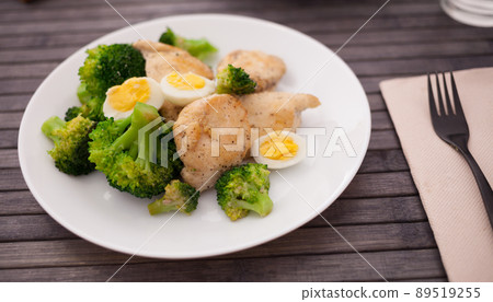 chicken breast with broccoli and quail eggs on plate for healthy dinner chicken breast with broccoli and quail eggs on plate for healthy dinner 89519255