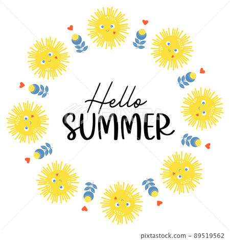 Hello summer. Round Postcard-frame with cute sun and blue-yellow flowers. Vector illustration for decor, design, print and napkins, signage, decoration and postcards. 89519562