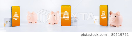 Mobile banking collection. Smartphone set with internet online bank application. Piggy bank with debit card on white background. Save money business concept. 89519731