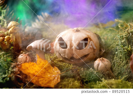 Jack-o-lantern in Fairy tale ambiance magical autumn forest 89520515