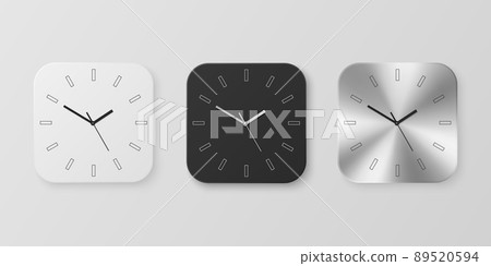 Vector 3d Realistic White, Black and Slver or Chrome Steel Wall Office Clock Icon Set Isolated. Design Template of Wall Clock Face Closeup. Mock-up for Branding and Advertise. Front View 89520594