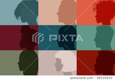 Collage community society diversity multiethnic people. Group side silhouette men and women of diverse culture and different countries. Racial equality. Harmony  friendship integration 89520850