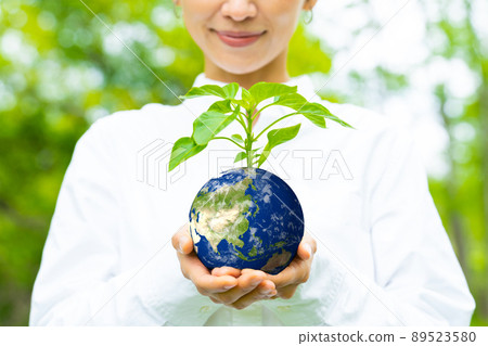 Women with potted plants with the pattern of the earth Environmental image SDGs Sustainable Women with potted plants with the pattern of the earth Environmental image SDGs Sustainable 89523580