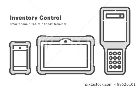 Three pieces of equipment used for inventory management work. Illustrations of smartphones, tablets, and handy terminals. 89526101