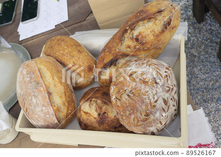Bread close-up. Freshly baked sourdough bread with a golden crust . Concept bakery , texture sourdough bread Bread close-up. Freshly baked sourdough bread with a golden crust . Concept bakery , texture sourdough bread 89526167