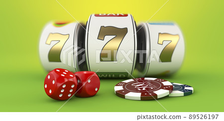 Slot machine with lucky sevens jackpot and dace with chips. Clipping path included. 3d Rendering Slot machine with lucky sevens jackpot and dace with chips. Clipping path included. 3d Rendering 89526197