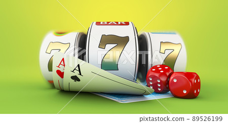 Slot machine with lucky sevens jackpot and dace. Clipping path included. 3d Rendering Slot machine with lucky sevens jackpot and dace. Clipping path included. 3d Rendering 89526199