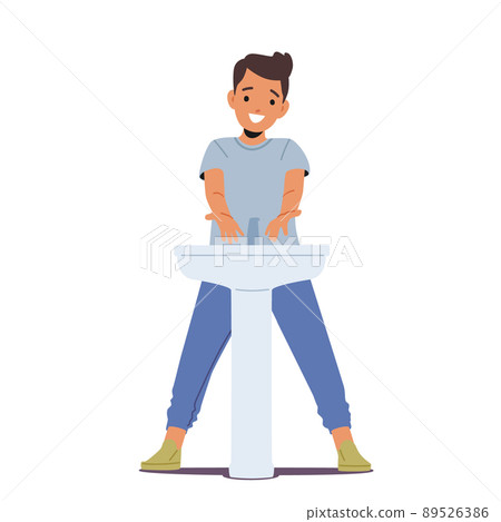 Kid Washing Hands, Happy Little Boy Character Hygiene, Morning Routine, Child Health Care. Preteen Kid Lathering Palms Kid Washing Hands, Happy Little Boy Character Hygiene, Morning Routine, Child Health Care. Preteen Kid Lathering Palms 89526386