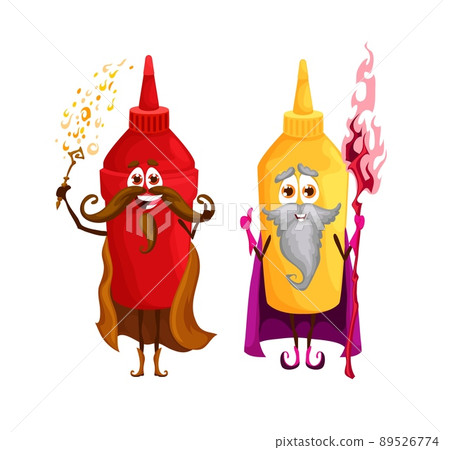 Cartoon ketchup and mustard mage or wizard characters. Cheerful fast food sauces sorcerers characters with magic wand and scepter. Cute ketchup and mustard isolated vector personages 89526774