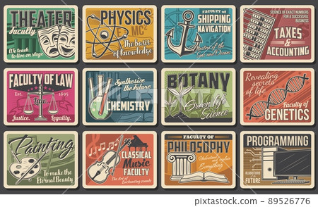 College science, art and technology faculties retro banners. Theater, painting and music, chemistry, botany and physics, genetics, programming and philosophy, law and finances faculty vector posters 89526776