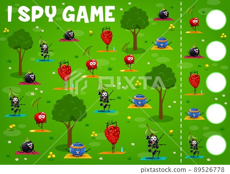 I spy game worksheet, cartoon berry characters on yoga fitness. Vector kids educational puzzle with black currant, strawberry, blueberry and bird cherry personages exercising on field I spy game worksheet, cartoon berry characters on yoga fitness. Vector kids educational puzzle with black currant, strawberry, blueberry and bird cherry personages exercising on field 89526778