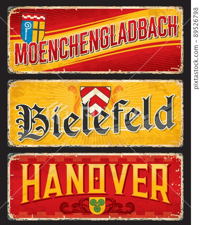 Hanover, Bielefeld, Moenchengladbach german city travel stickers and plates. European travel grungy sticker, Germany city tourism nostalgic tin sign or vintage banner with city Coat of Arms and flags Hanover, Bielefeld, Moenchengladbach german city travel stickers and plates. European travel grungy sticker, Germany city tourism nostalgic tin sign or vintage banner with city Coat of Arms and flags 89526798