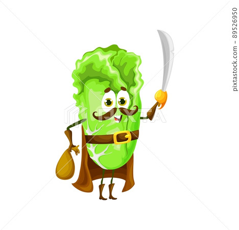 Cartoon chinese cabbage pirate character. Happy vector vegetable corsair with saber and loot in sack. Smiling buccaneer veggies in cape with sabre. Isolated freebooter picaroon personage Cartoon chinese cabbage pirate character. Happy vector vegetable corsair with saber and loot in sack. Smiling buccaneer veggies in cape with sabre. Isolated freebooter picaroon personage 89526950