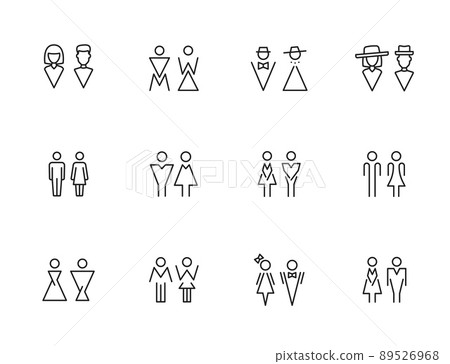 Toilet icons and symbols of male and female restroom. Water closet vector signs of isolated thin line silhouettes of man and woman, lady and gentleman figures for public toilet 89526968