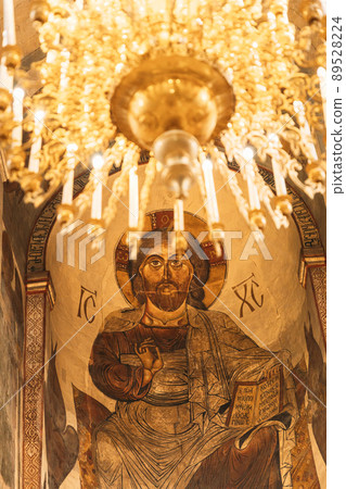 Mtskheta, Georgia. Close The Image Of Jesus Christ On The Fresco At The Inner Wall Of Svetitskhoveli Cathedral Of The Living Pillar, Ancient Georgian Orthodox Church. Fresco, Frescoes Mtskheta, Georgia. Close The Image Of Jesus Christ On The Fresco At The Inner Wall Of Svetitskhoveli Cathedral Of The Living Pillar, Ancient Georgian Orthodox Church. Fresco, Frescoes 89528224