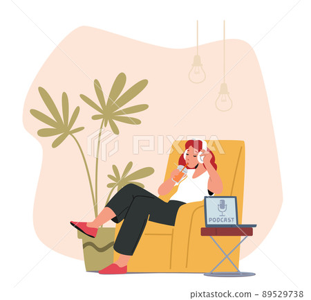 Woman Sitting With Phone Choosing or Listening Podcast in Mobile App. Female Character Enjoying Audio Podcast 89529738