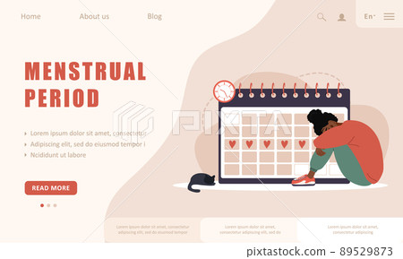 Menstruation calendar shedule. Landing page template. Woman period. Female critical day problems. Sad african girl with pms. Vector illustration in flat cartoon style 89529873